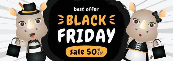 spacial discount black friday sale banner with cute rhino illustration vector