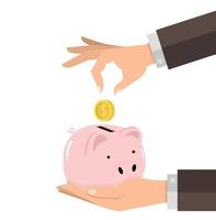 hand business saving coin in the piggy bank vector