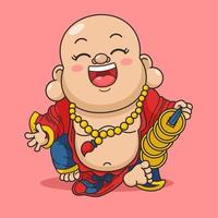 Cute Chinese New Year Fortune God Laughing Buddha Holding Gold Coins vector
