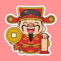 Cute Chinese New Year Fortune God Holding Gold Coin And Scroll vector