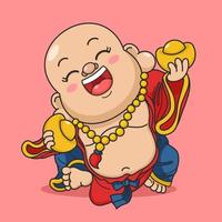 Cute Chinese New Year Fortune God Laughing Buddha Holding Gold Money vector