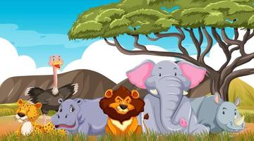 Wild animals in savanna forest scene vector