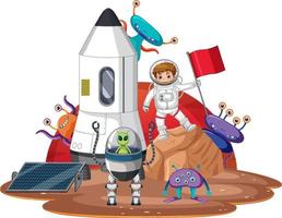 Cartoon astronaut and aliens on planet in cartoon style vector