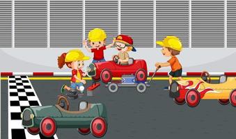 Soapbox derby scene with children racing car vector