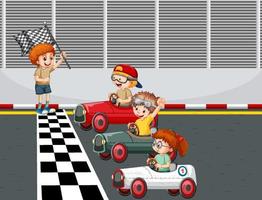 Soapbox derby scene with children racing car vector