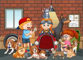 escena de garaje con niños y sus animales