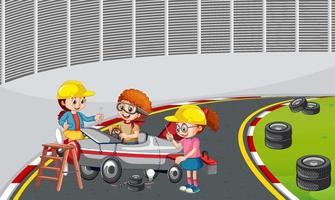 Soapbox derby scene with children racing car vector