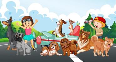 Outdoor scene children with their dogs vector