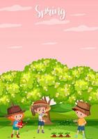 Spring season background with kids cartoon character vector