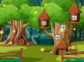 Fantasy forest background with tree houses vector