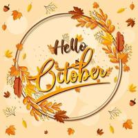 Hello October logo with ornamental autumn leaf vector