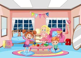 interior de dormitorio de niña con personaje de dibujos animados de niños felices vector