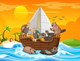 Ocean scene with wild animals on a sailboat vector