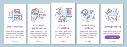 Marketing automation onboarding mobile app page screen with linear concepts. Software platforms walkthrough steps graphic instructions. UX, UI, GUI vector template with illustrations