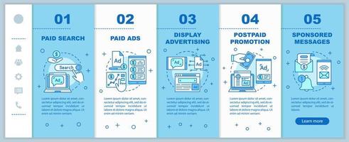 PPC channels onboarding mobile web pages vector template. Media marketing. Responsive smartphone website interface idea with linear illustrations. Webpage walkthrough step screens. Color concept