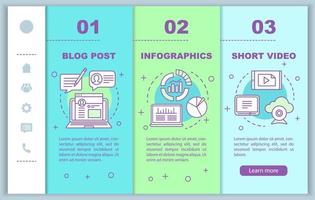 Awareness content onboarding mobile web pages vector template. Blog post, video. Responsive smartphone website interface idea with linear illustrations. Webpage walkthrough step screens. Color concept