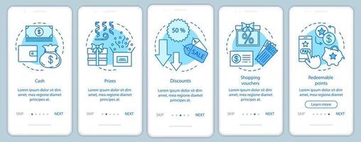 Recompensas de referencia al incorporar la pantalla de la página de la aplicación móvil con conceptos lineales. instrucciones gráficas de los pasos del tutorial. efectivo, premios, descuentos. ux, ui, plantilla de vector de interfaz gráfica de usuario con ilustraciones