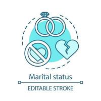 Marital status turquoise concept icon. Wedding rings, broken heart idea thin line illustration. Relationship breakup, divorced, single, married vector isolated outline drawing. Editable stroke