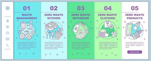 Zero waste lifestyle onboarding mobile web pages vector template. Responsive smartphone website interface idea with linear illustrations. Webpage walkthrough step screens. Color concept