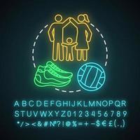 Sport neon light concept icon. Family time together idea. Community gym space. Play soccer, basketball, softball. Glowing sign with alphabet, numbers and symbols. Vector isolated illustration