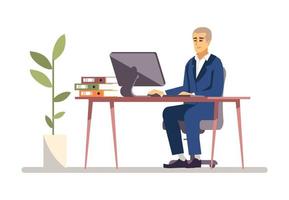 Boss working flat vector illustration. Employer, top manager isolated cartoon character on white background. Businessman, entrepreneur at office using computer. Workaholic, banker, office worker