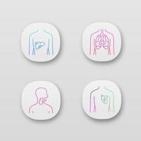 Ill human organs app icons set. Sore liver and lungs. Aching throat. Unhealthy heart. Sick internal body parts. UI UX user interface. Web or mobile applications. Vector isolated illustrations