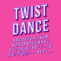 twist dance letras vectoriales 3d vintage. fuente en negrita retro, tipo de letra. texto estilizado de arte pop. letras de estilo de la vieja escuela, números, símbolos, paquete de elementos. Afiche de los 90, 80, pancarta. fondo de color rubí vector