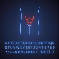 Healthy urinary bladder neon light icon. Human organ in good health. Functioning urinary system. Wholesome urinary tract. Glowing sign with alphabet, numbers and symbols. Vector isolated illustration