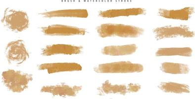 Gold brush, pen, marker, chalk set. Distressed grunge modern textured brush stroke. Golden dry brush. Trend brush stroke. Hand drawn vector. Vector illustration. Isolated on white background.