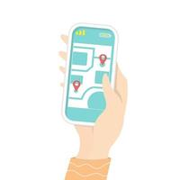 Vector creative design, Young hand search location with smartphone.