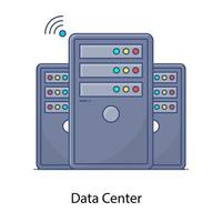 icono de concepto de contorno plano del centro de datos, ubicaciones donde se almacenan grandes datos vector