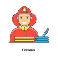 Man with hat and water pipe depicting fireman icon in flat style vector