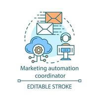 Marketing automation coordinator concept icon. Digital marketing specialty idea thin line illustration. Automated business campaign. Mass mailing. Vector isolated outline drawing. Editable stroke