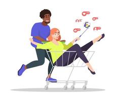 Shopping blog flat vector illustration. African american man pushing shopping cart with woman inside isolated cartoon characters. Couple doing purchases and streaming video. Vloggers, bloggers