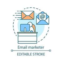 Email marketer concept icon. Managing email databases idea thin line illustration. Newsletters creating, mass mailing. Digital marketing specialty. Vector isolated outline drawing. Editable stroke