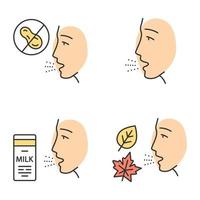 Allergies color icons set. Peanut, milk, dust, mold intolerance. Causes and symptoms of allergic diseases. Hypersensitivity of immune system. Medical problem. Isolated vector illustrations