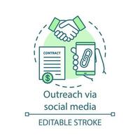 Outreach via social media concept icon. Social networks idea thin line illustration. Online PR. Brand awareness. Build new relationships. Vector isolated outline drawing. Editable stroke