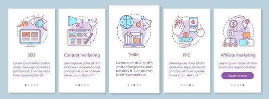 Digital marketing tactics onboarding mobile app page screen with linear concepts. SEO, SMM content marketing walkthrough steps graphic instructions. UX, UI, GUI vector template with illustrations