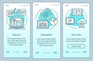 plantilla de vector de pantalla de página de aplicación móvil de incorporación de degradado turquesa de contenido de conciencia. Pasos del sitio web del tutorial de infografías con ilustraciones lineales. ux, ui, concepto de interfaz de teléfono inteligente gui