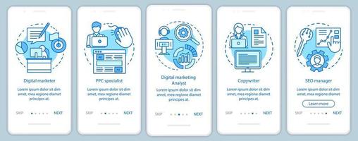 Digital marketing specialties blue onboarding mobile app page screen with linear concepts.Copywriter, SEO manager walkthrough steps graphic instructions. UX, UI, GUI vector template with illustrations