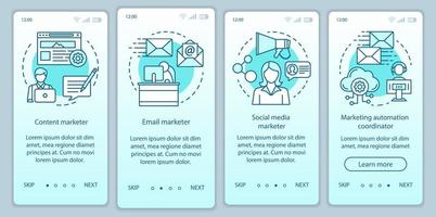 Plantilla de vector de pantalla de página de aplicación móvil de incorporación de gradiente turquesa de especialidades de marketing digital. paso a paso del sitio web con ilustraciones lineales. ux, ui, concepto de interfaz de teléfono inteligente gui