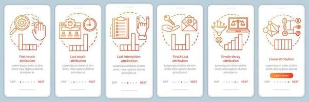 tipos de modelos de atribución plantilla de vector de pantalla de página de aplicación móvil de incorporación naranja. diagramas, gráficos paso a paso del sitio web con ilustraciones lineales. ux, ui, concepto de interfaz de teléfono inteligente gui