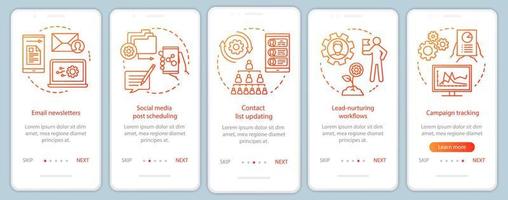 plantilla de vector de pantalla de página de aplicación móvil de incorporación naranja de automatización de marketing. Pasos del sitio web del tutorial de las plataformas de software con ilustraciones lineales. ux, ui, concepto de interfaz de teléfono inteligente gui