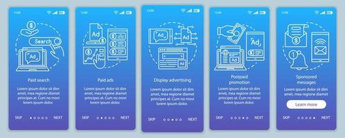 PPC channels blue gradient onboarding mobile app page screen vector template. Media marketing, ad networks walkthrough website steps with linear illustrations. UX, UI, GUI smartphone interface concept