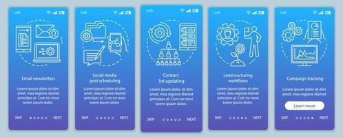 Marketing automation blue onboarding mobile app page screen vector template. Software platforms walkthrough website steps with linear illustrations. UX, UI, GUI smartphone interface concept