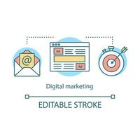 Digital marketing concept icon. Targeting ads, technologies, business idea thin line illustration. Search engines, websites, social media, email. Vector isolated outline drawing. Editable stroke