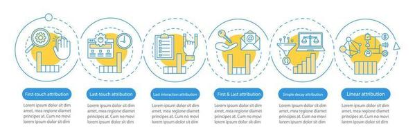 tipos de modelos de atribución plantilla de infografía vectorial. elementos de diseño de presentación de negocios. visualización de datos con seis pasos y opciones. gráfico de la línea de tiempo del proceso. diseño de flujo de trabajo con iconos lineales vector