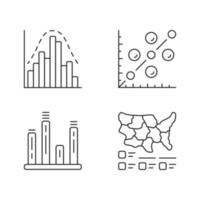 conjunto de iconos lineales de diagramas. histograma, gráfico de barras, diagrama de dispersión, cartograma. datos estadisticos. información analítica. símbolos de contorno de línea delgada. ilustraciones aisladas de contorno vectorial. trazo editable vector