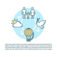 Time together article page vector template. Balloon trip. Happy family. Brochure, magazine, booklet design element, linear icons and text boxes. Print design. Concept illustrations with text space