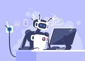 Robot with low energy working flat vector illustration. AI worker disadvantages concept. Manager, employee with artificial intelligence isolated cartoon character. Discharged cyborg, humanoid